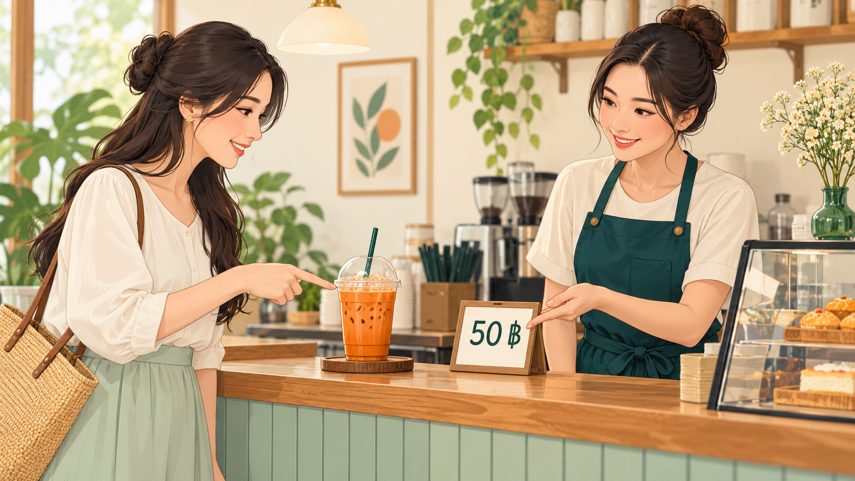 Illustration of a customer asking a cafe seller the price of an iced tea marked 50 baht.